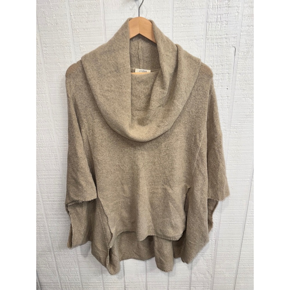 Umgee Cowl Neck Poncho Sweater Women Tan Oatmeal High Low Pockets Small